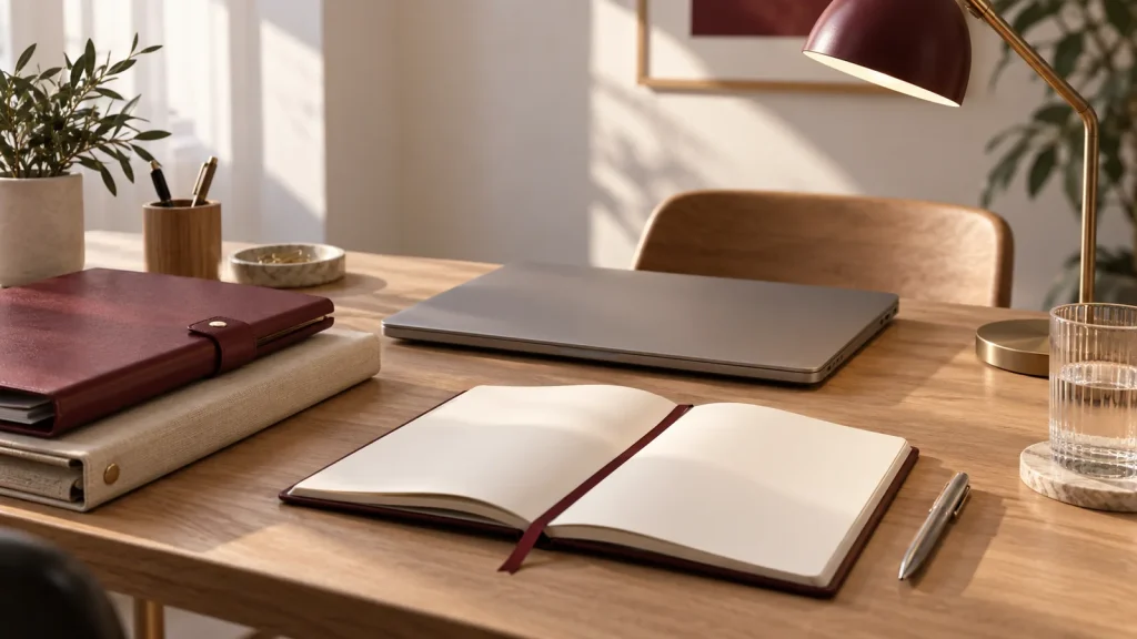 Escritorio preparado para iniciar una actividad profesional con carpetas y cuaderno sin texto.