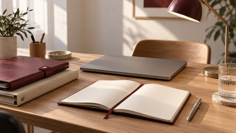 Escritorio preparado para iniciar una actividad profesional con carpetas y cuaderno sin texto.