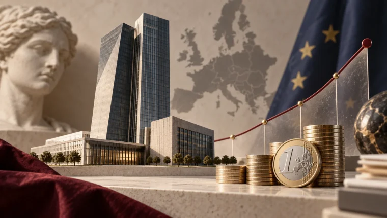 Maqueta de un edificio institucional europeo, monedas y una curva conceptual de precios.