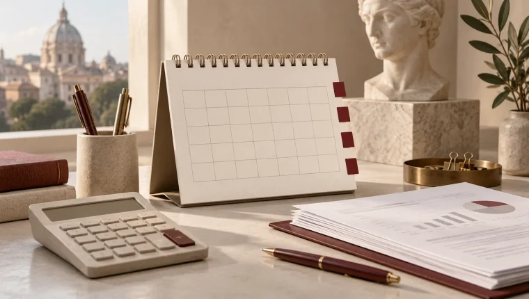 Calendario sin fechas con marcadores burdeos, calculadora y documentos sobre una mesa.