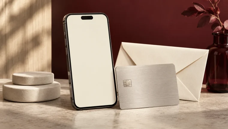 Teléfono de pantalla neutra y tarjeta sin marca como ilustración de una cuenta bancaria online.
