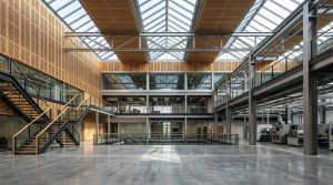 Atrio industrial europeo de ingeniería de precisión con estructura de acero cepillado y luz cenital