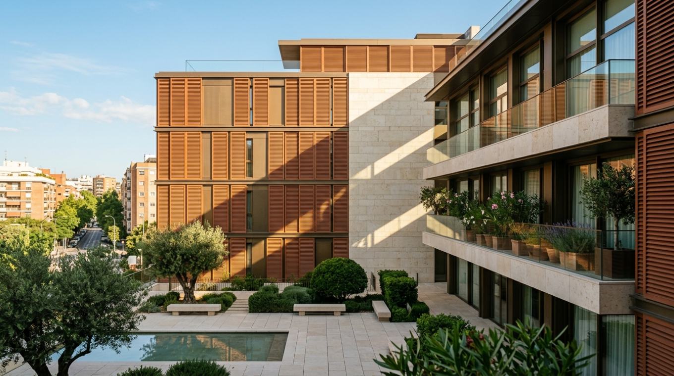 Fachada residencial contemporánea en Madrid con celosías de terracota y piedra caliza bajo luz matinal