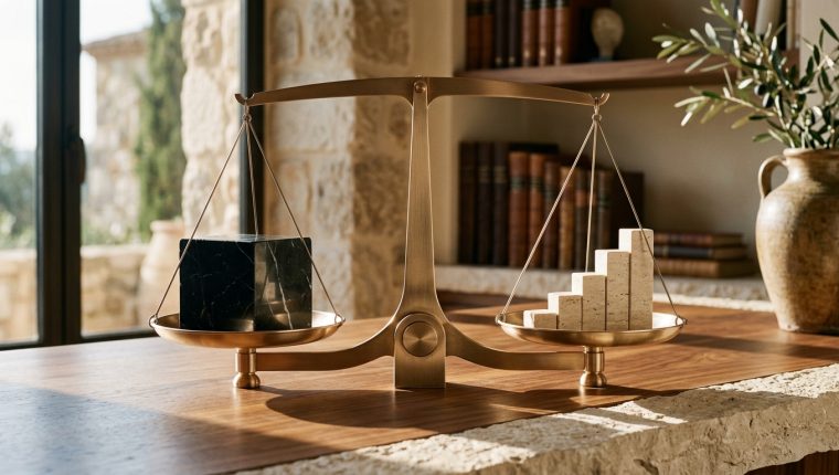 Fotografía editorial de estudio con una balanza arquitectónica de bronce cepillado comparando un cubo de mármol negro Marquina frente a prismas escalonados de piedra travertino