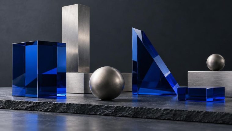 Estructuras de cristal azul cobalto y acero reflejadas sobre una superficie de pizarra.