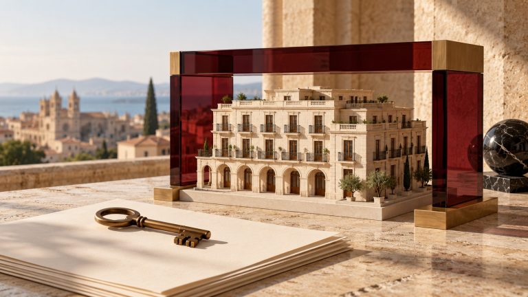 Maqueta arquitectónica de edificio residencial en travertino bajo pórtico de cristal burdeos y llave de latón sobre papel algodón