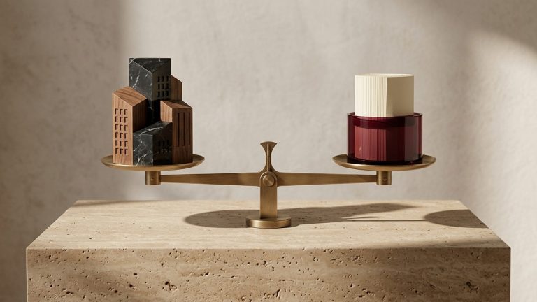 Composición escultórica en travertino, mármol negro, latón cepillado y cristal burdeos sobre la decisión entre amortizar hipoteca o invertir en renta fija