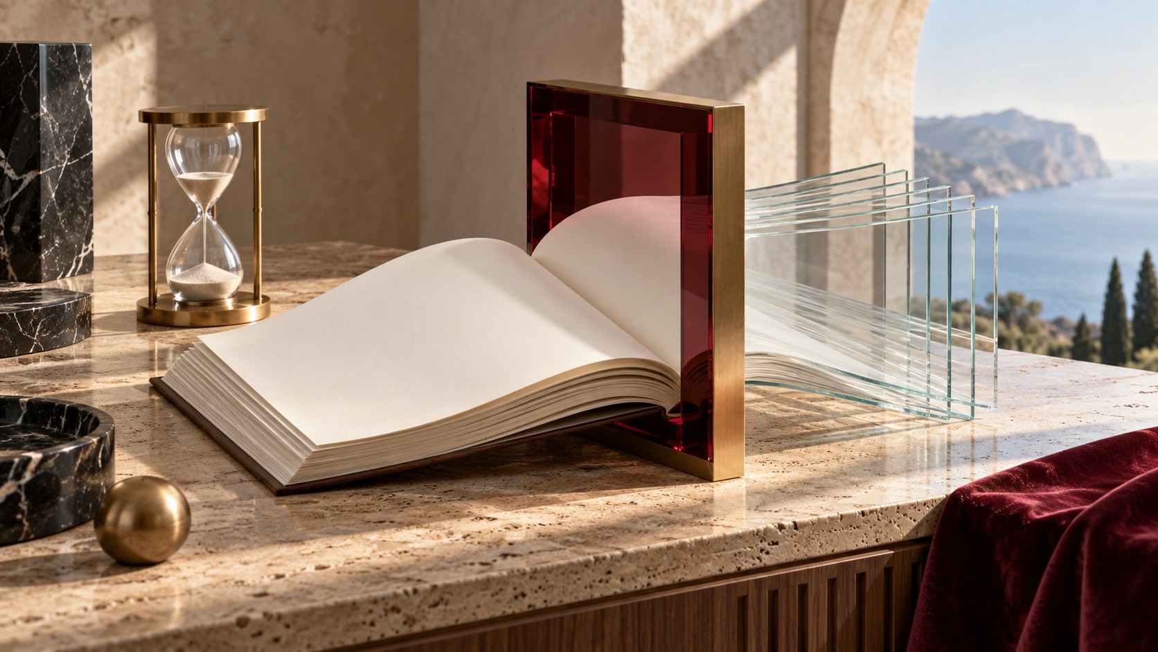 Libro contable de papel algodón crema atravesando un marco de cristal burdeos y latón junto a un reloj de arena sobre piedra travertino