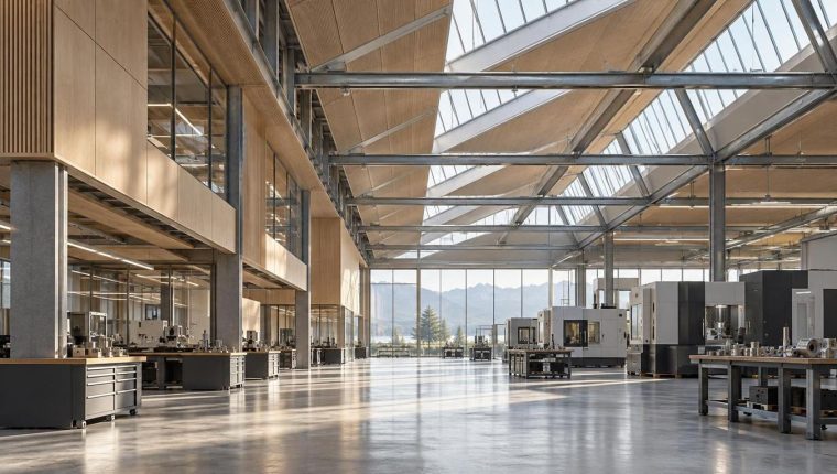 Vestíbulo corporativo vacío con paredes de travertino, madera oscura y luz natural.