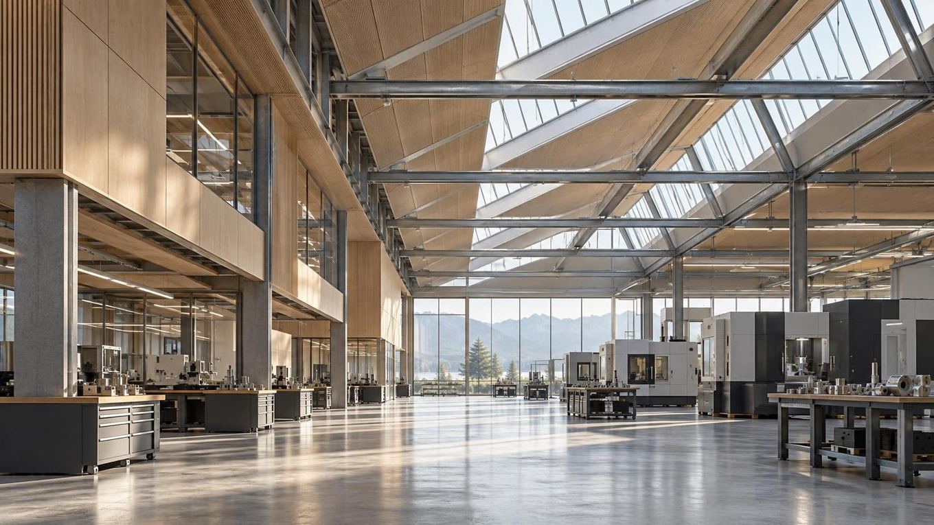 Vestíbulo corporativo vacío con paredes de travertino, madera oscura y luz natural.