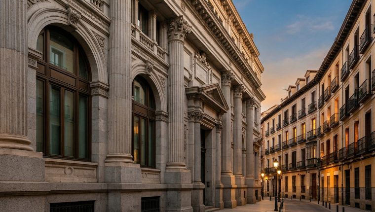 Fachada neoclásica del Banco de España en Madrid junto a edificios de viviendas iluminados al atardecer