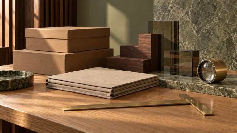 Cajas lisas sin marcas sobre madera oscura junto a una pieza de vidrio ahumado.