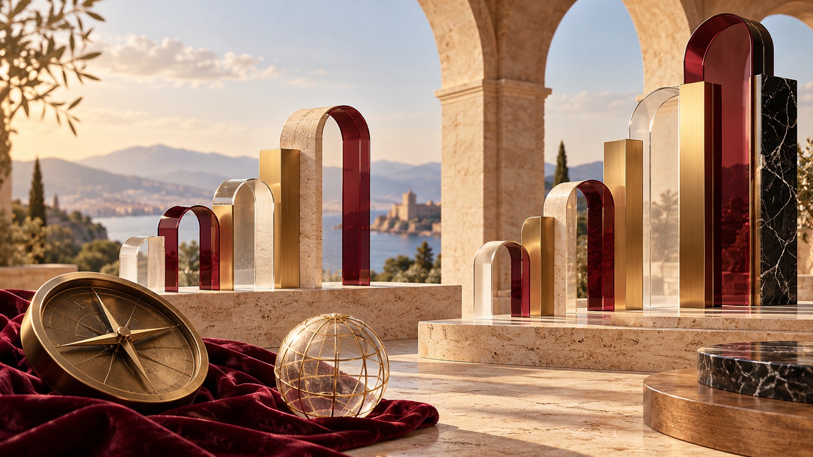 Arcos arquitectónicos ascendentes en piedra travertino, latón y cristal burdeos junto a una brújula de bronce y esfera de cristal