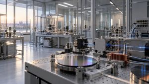 Sala tecnológica sobria con estructuras de aluminio, cristal y fibra óptica iluminada desde arriba.