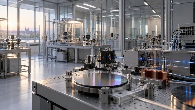 Sala tecnológica sobria con estructuras de aluminio, cristal y fibra óptica iluminada desde arriba.