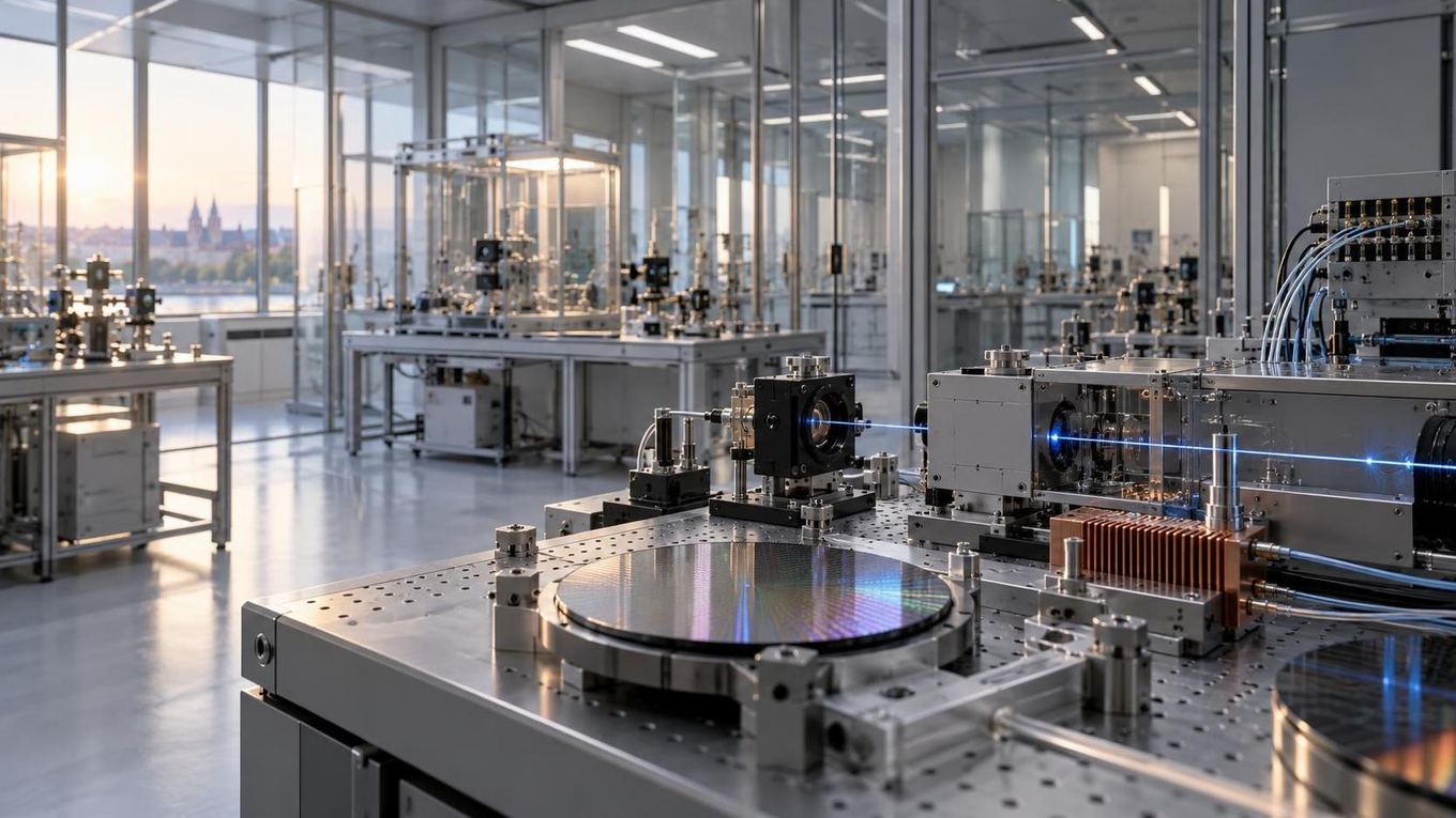Sala tecnológica sobria con estructuras de aluminio, cristal y fibra óptica iluminada desde arriba.