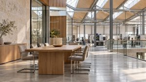 Sala de reuniones vacía con mesa de roble, piedra y vidrio iluminada por luz natural.