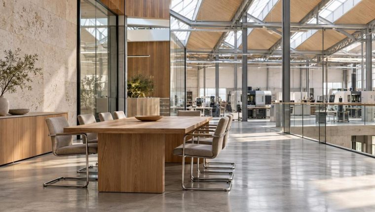 Sala de reuniones vacía con mesa de roble, piedra y vidrio iluminada por luz natural.