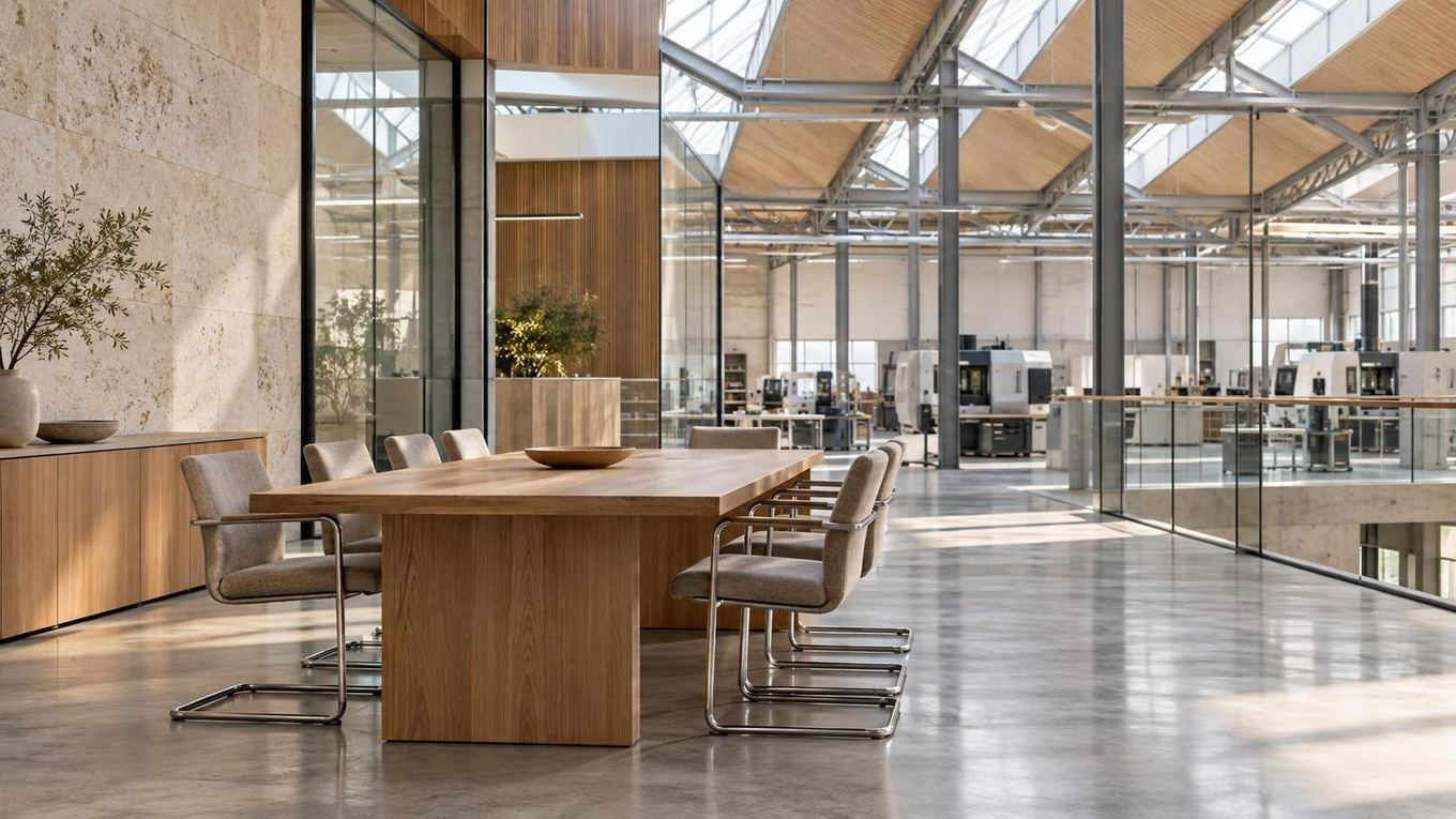 Sala de reuniones vacía con mesa de roble, piedra y vidrio iluminada por luz natural.