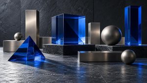 Piezas geométricas de vidrio y metal cepillado iluminadas con luz natural.