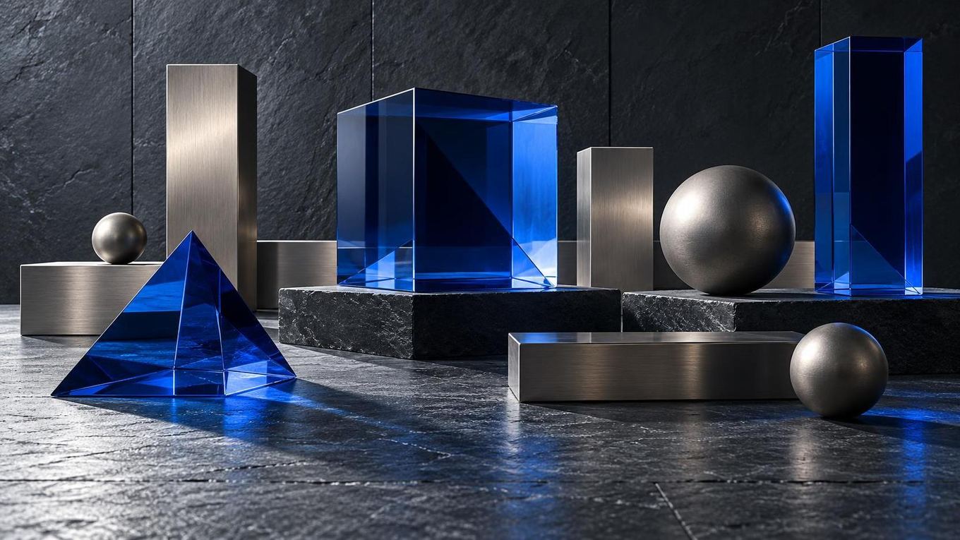 Piezas geométricas de vidrio y metal cepillado iluminadas con luz natural.