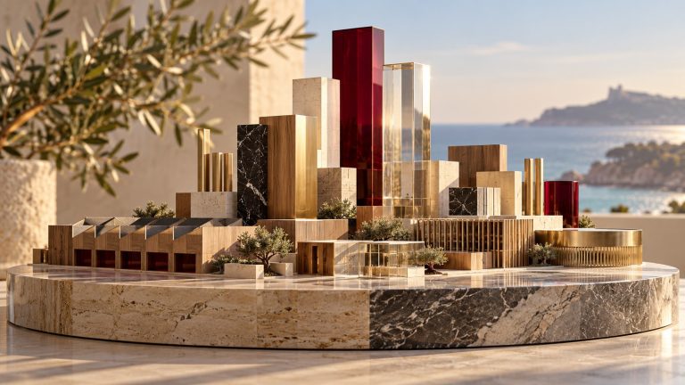 Maqueta arquitectónica de volúmenes empresariales en travertino, latón, nogal y cristal burdeos sobre base circular de piedra
