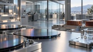 Estudio tecnológico vacío con paneles metálicos y cristal translúcido iluminado por luz natural.