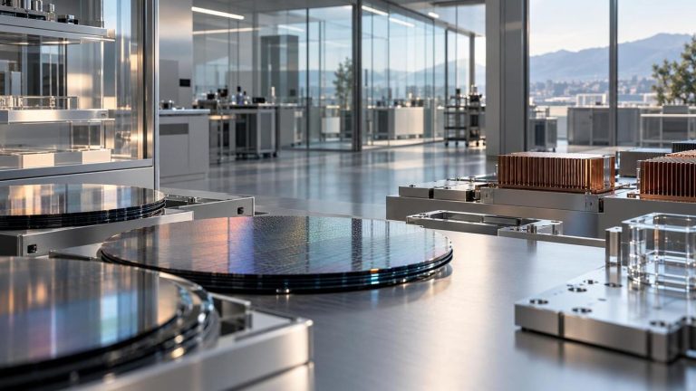 Estudio tecnológico vacío con paneles metálicos y cristal translúcido iluminado por luz natural.