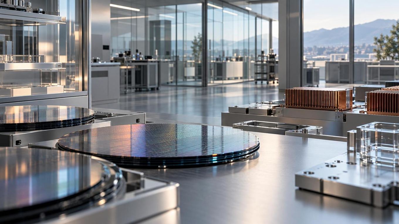 Estudio tecnológico vacío con paneles metálicos y cristal translúcido iluminado por luz natural.