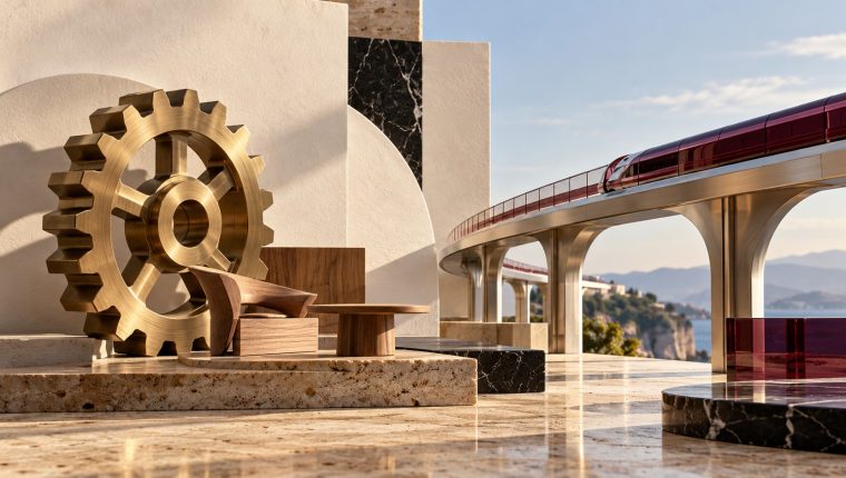 Engranaje de latón cepillado y mobiliario en miniatura de madera de nogal junto a un viaducto de cristal burdeos sobre piedra travertino