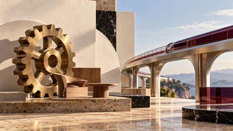 Engranaje de latón cepillado y mobiliario en miniatura de madera de nogal junto a un viaducto de cristal burdeos sobre piedra travertino