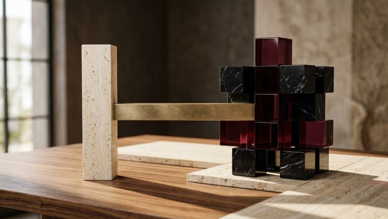 Composición arquitectónica de estudio con un monolito de travertino y una estructura modular de cubos de mármol negro y cristal burdeos unidos por un puente de latón