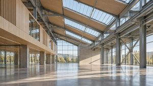 Garaje arquitectónico vacío de hormigón pulido iluminado por luz natural.