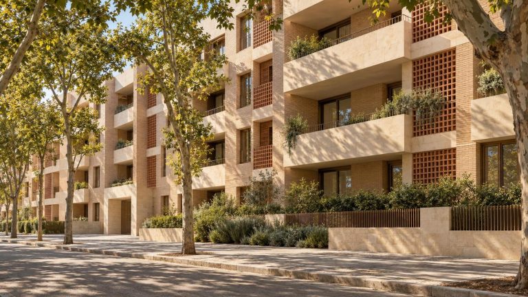 Edificio residencial contemporáneo con balcones y arbolado urbano.