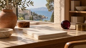 Documentos cerrados sobre una mesa de roble y piedra caliza iluminada por una ventana.