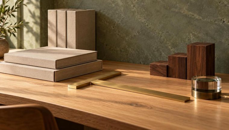 Mesa de roble y piedra en tonos salvia en un espacio de trabajo.