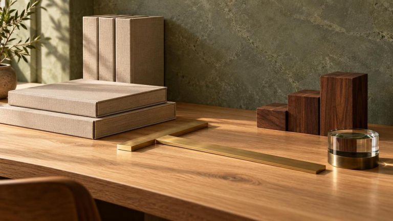 Mesa de roble y piedra en tonos salvia en un espacio de trabajo.