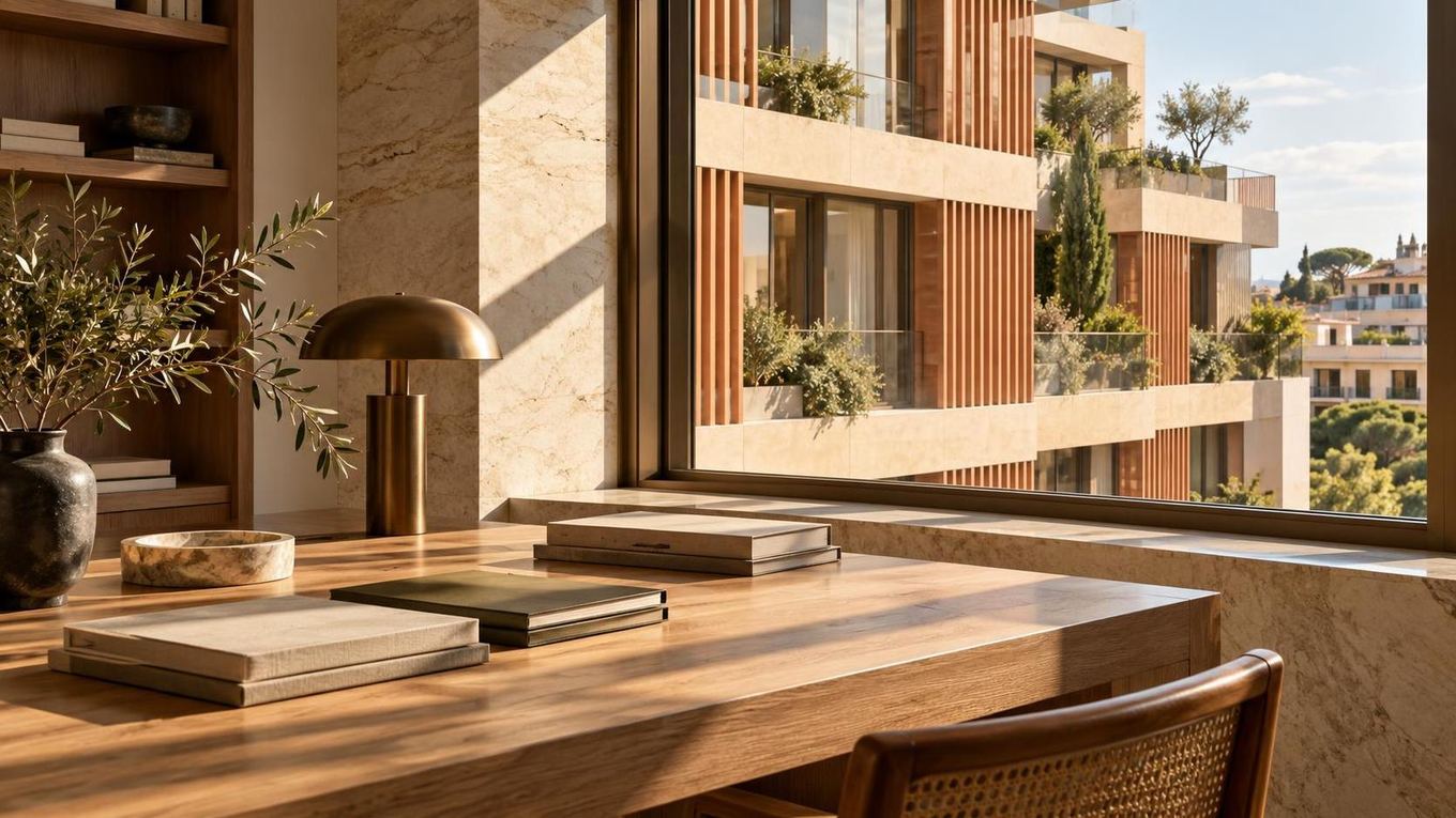 Carpetas cerradas sobre una mesa de roble junto a un detalle de mármol, iluminadas por luz natural.