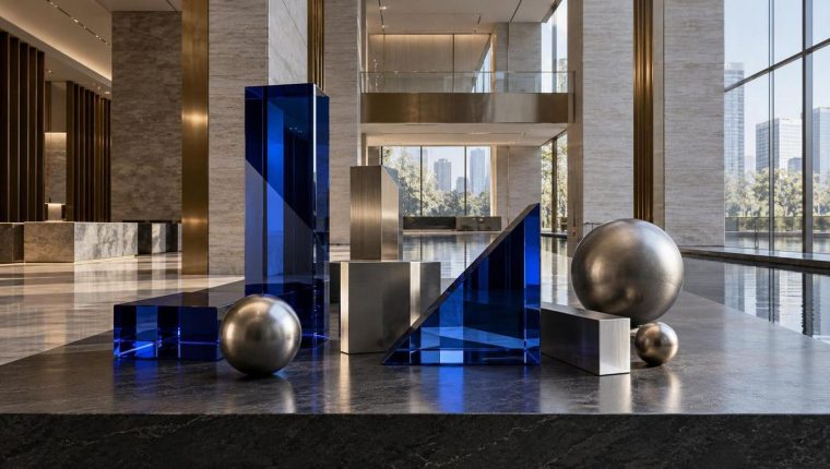 Interior vacío de una entidad financiera con piedra clara, latón y grandes superficies acristaladas.