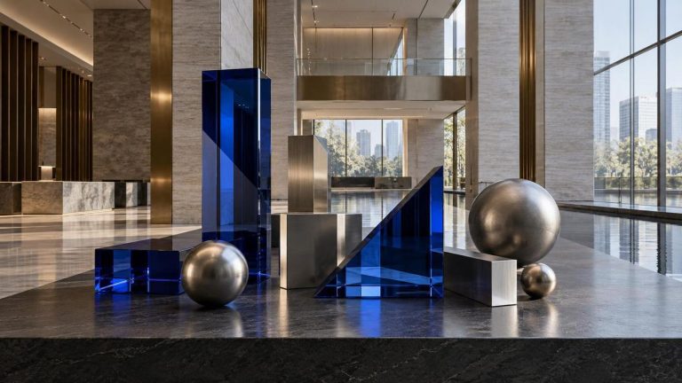 Interior vacío de una entidad financiera con piedra clara, latón y grandes superficies acristaladas.