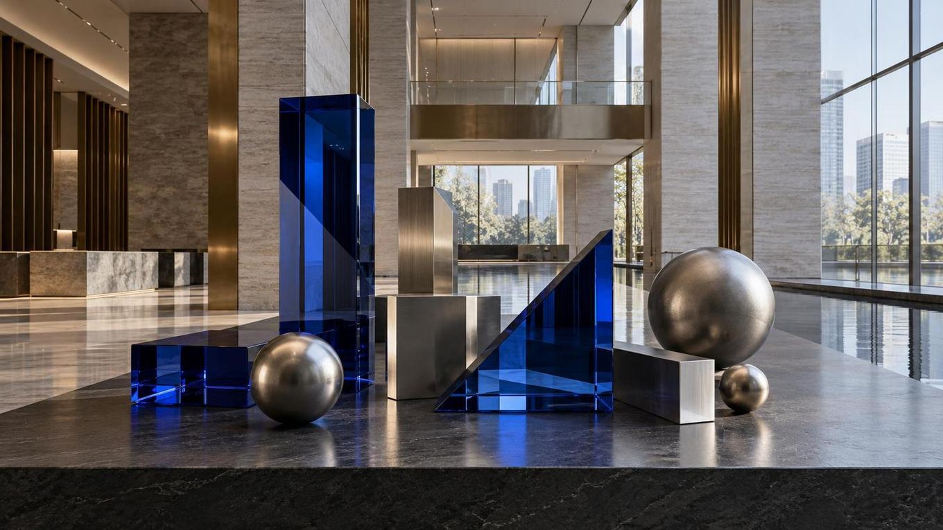 Interior vacío de una entidad financiera con piedra clara, latón y grandes superficies acristaladas.