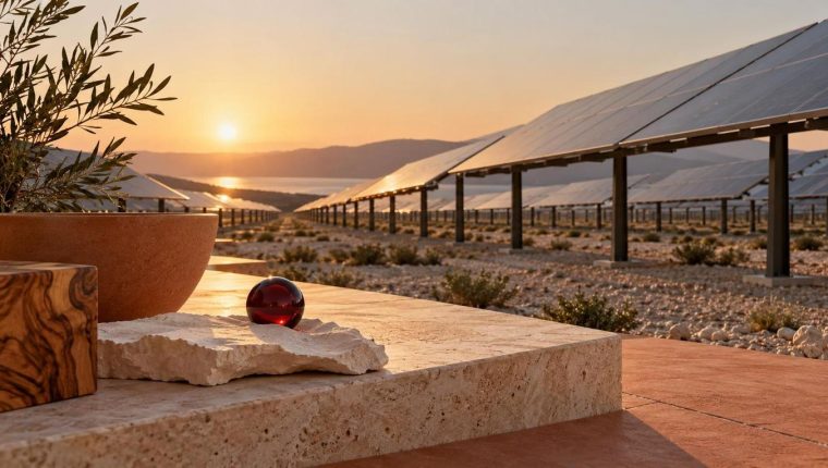 Filas vacías de paneles solares bajo la luz de primera hora de la mañana.