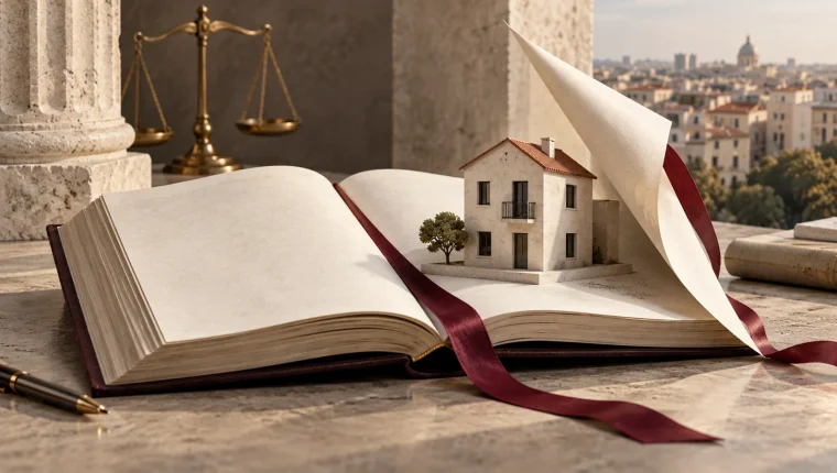 Libro jurídico abierto con una maqueta de vivienda, cinta burdeos y una página levantada.
