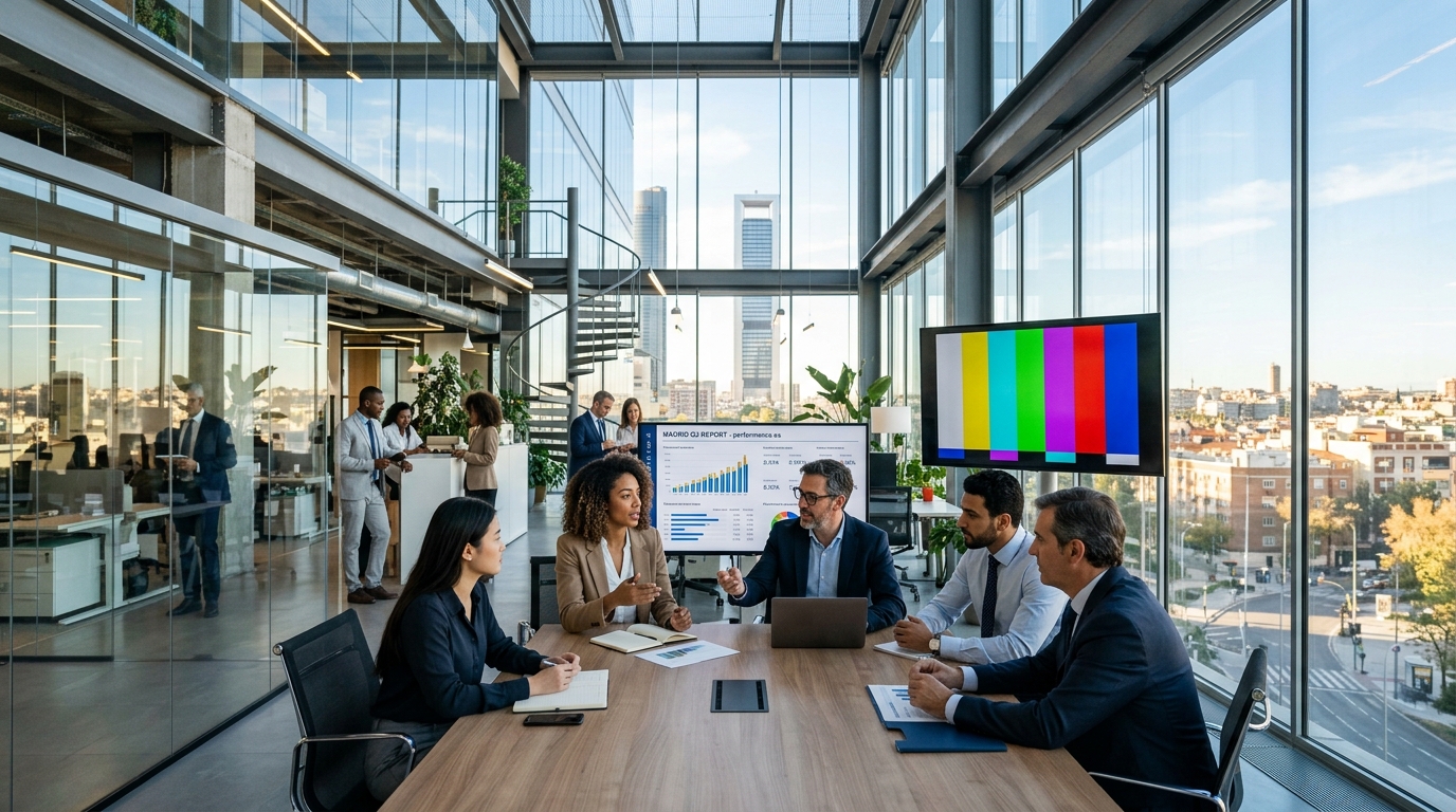Oficina corporativa y equipo profesional analizando balances de empleo en Madrid