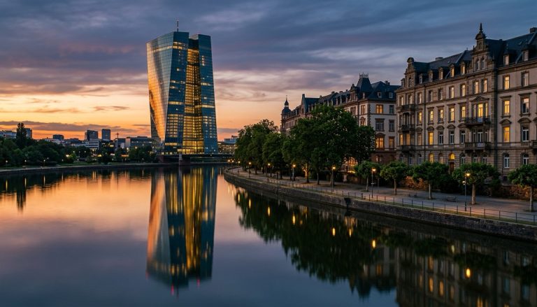 Vista arquitectónica al atardecer de la sede del Banco Central Europeo junto a edificios residenciales