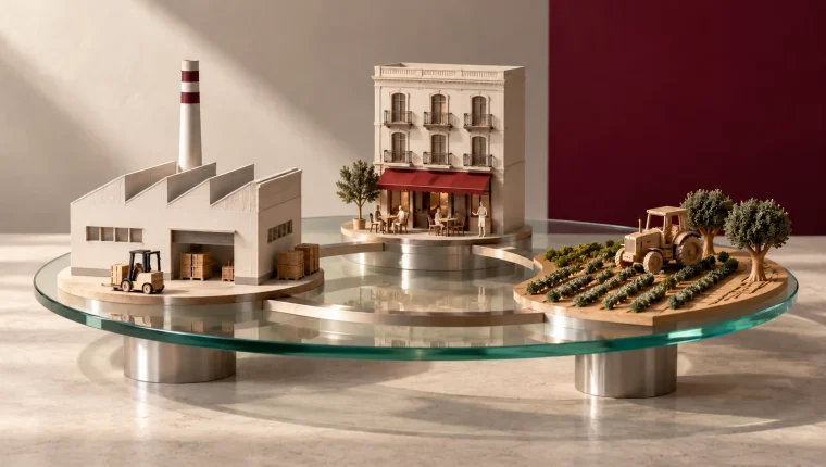 Maqueta conceptual que reúne industria, servicios y actividad agrícola sobre una superficie crema.