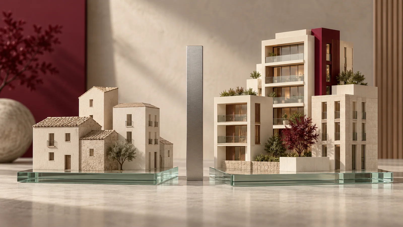 Maquetas de viviendas y un instrumento de medida neutro que simbolizan la comparación del mercado residencial.