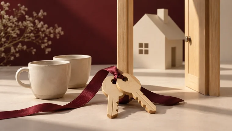 Llaves y dos tazas junto a una puerta conceptual como ilustración del acceso a una primera vivienda.