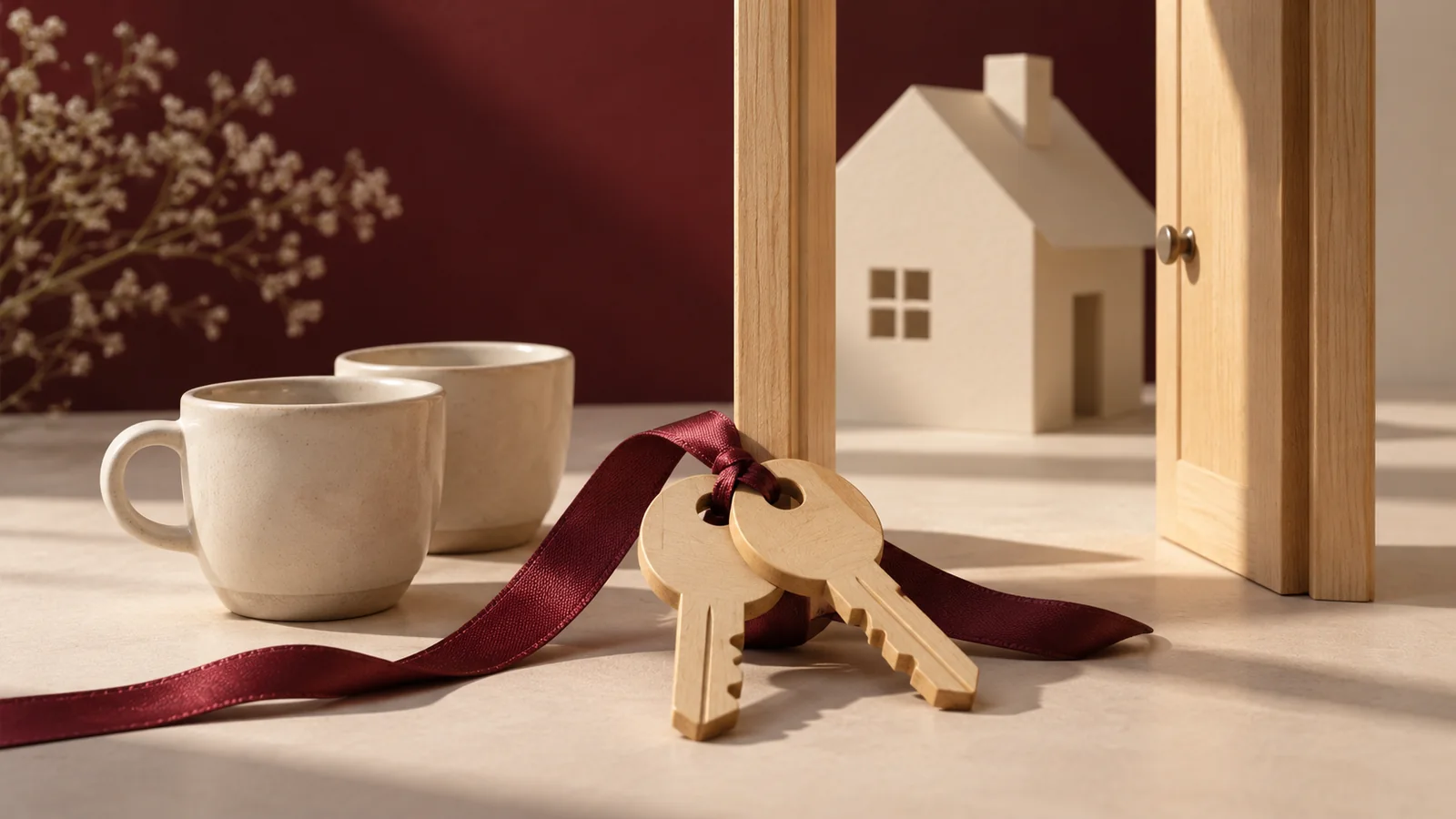 Llaves y dos tazas junto a una puerta conceptual como ilustración del acceso a una primera vivienda.