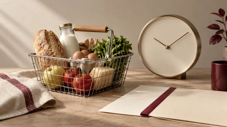 Cesta doméstica, reloj de esfera lisa y dos hojas que simbolizan comparar inflación entre periodos.